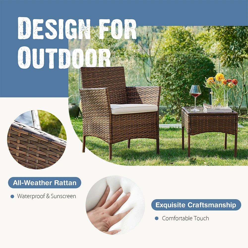 JHK Outdoor Patio Furniture Set 3 Pieces with Soft Cushion and Glass Table Manual Weaving Wicker Rattan Patio Chairs For Garden