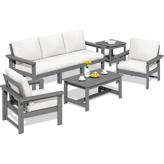 NEW-Patio Furniture Set,7Piece Outdoor Sectional Sofa Set,All Weather Outdoor Couch Set for Deck,Lawn,Grey Frame w/Khaki Cushion