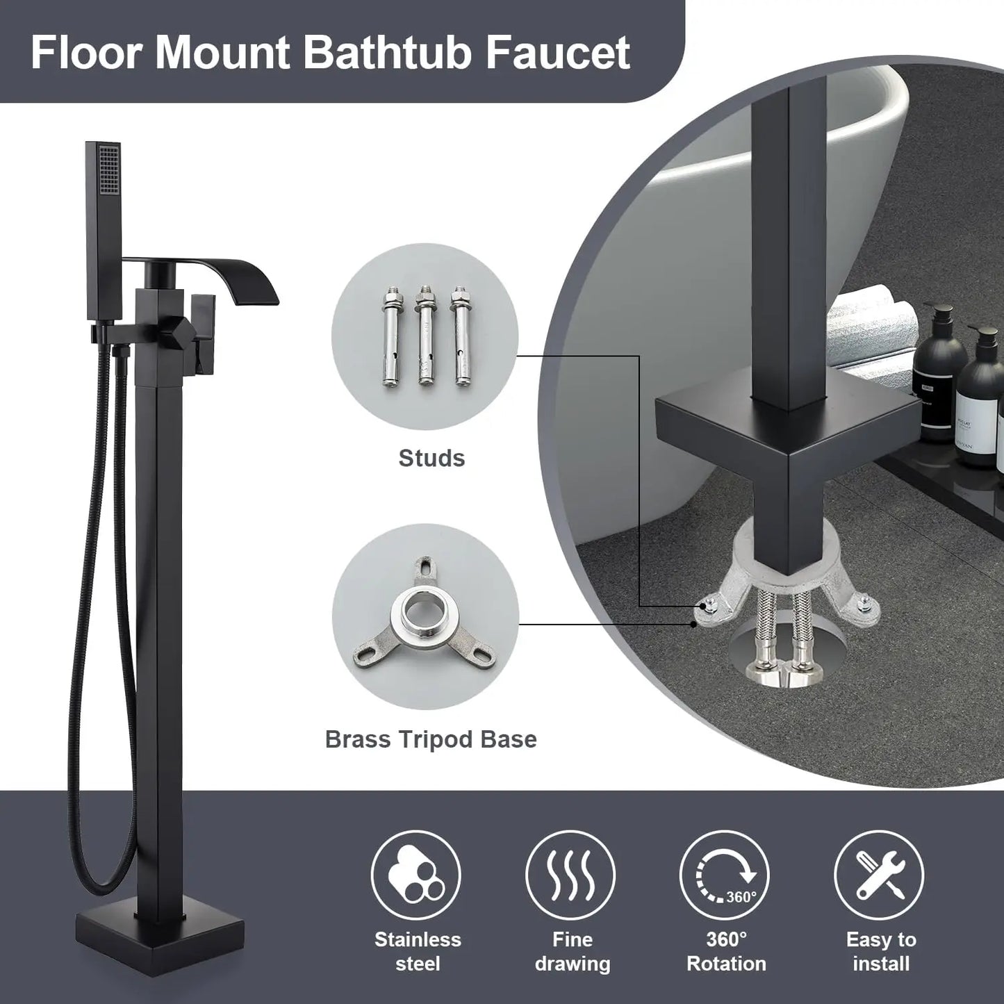 Quyanre Waterfall Brass Free Standing Tub Filler Faucet Hand Shower