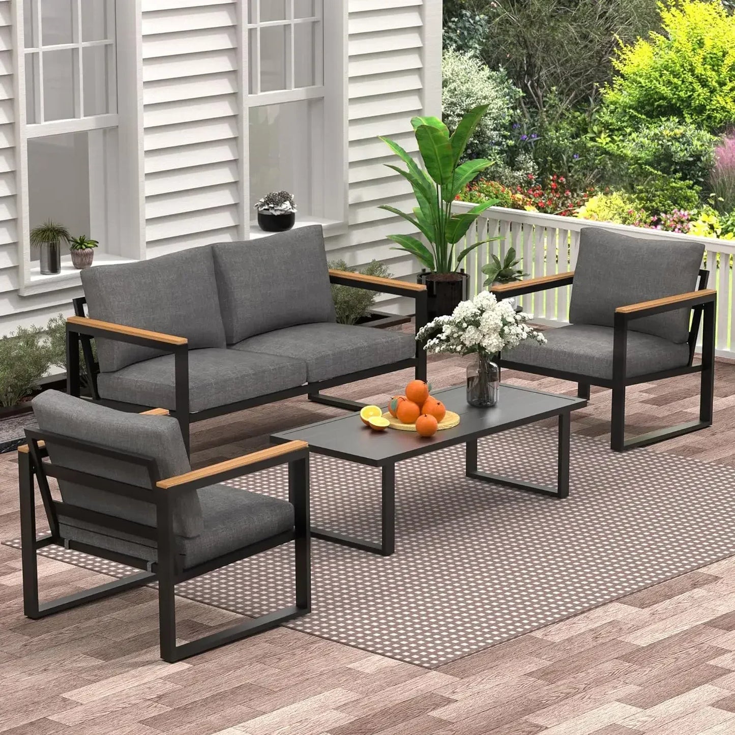 Patio Furniture Set, 4 Pieces Outdoor Patio Furniture with Coffee Table Set, Metal Patio Conversation Sets with Washable