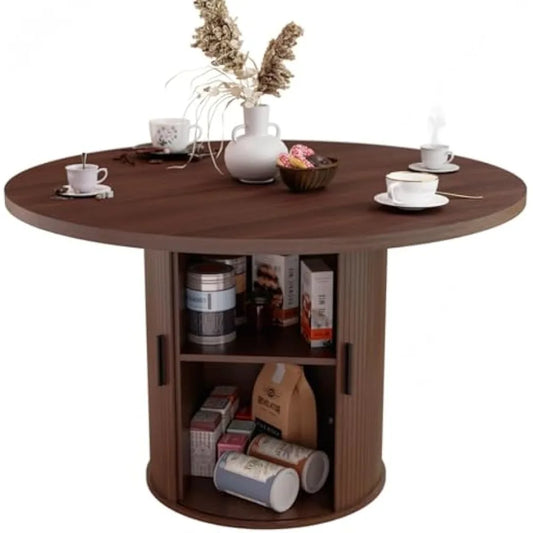 Round Dining Table For 4-6 With Wooden Storage Shelf
