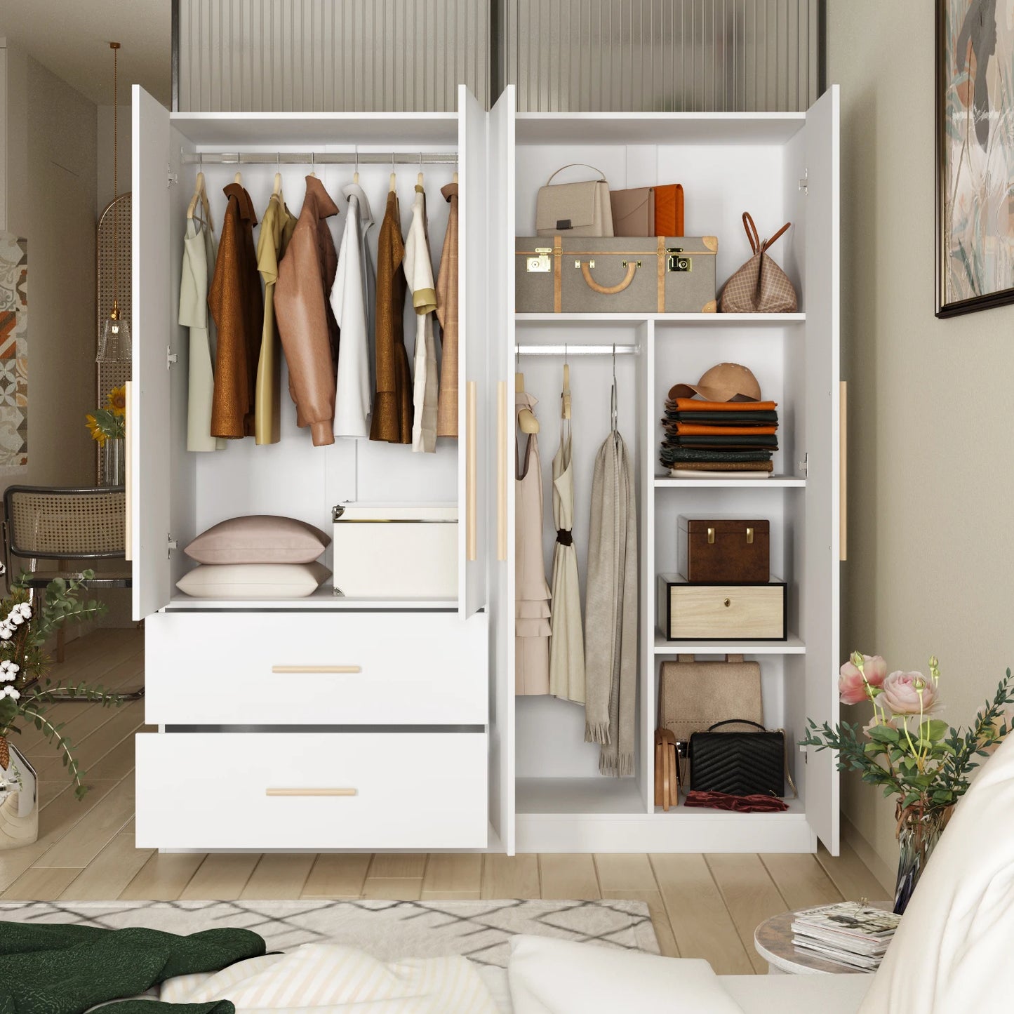 FUFU&GAGA Modern Wardrobe Armoire 2 Drawers 2 Hanging Rods