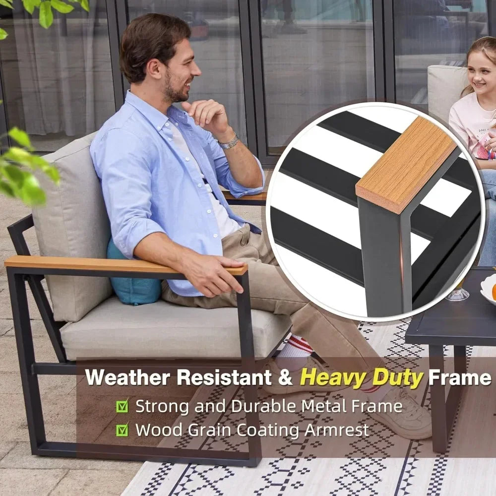Patio Furniture Set, 4 Pieces Outdoor Patio Furniture with Coffee Table Set, Metal Patio Conversation Sets with Washable