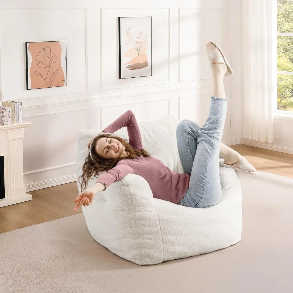 3FT Pre-filled Soft Teddy Fluffy Lazy Sofa Floor Chair Beanbag for Adults and Teens, Ideal for Living Room and Playroom