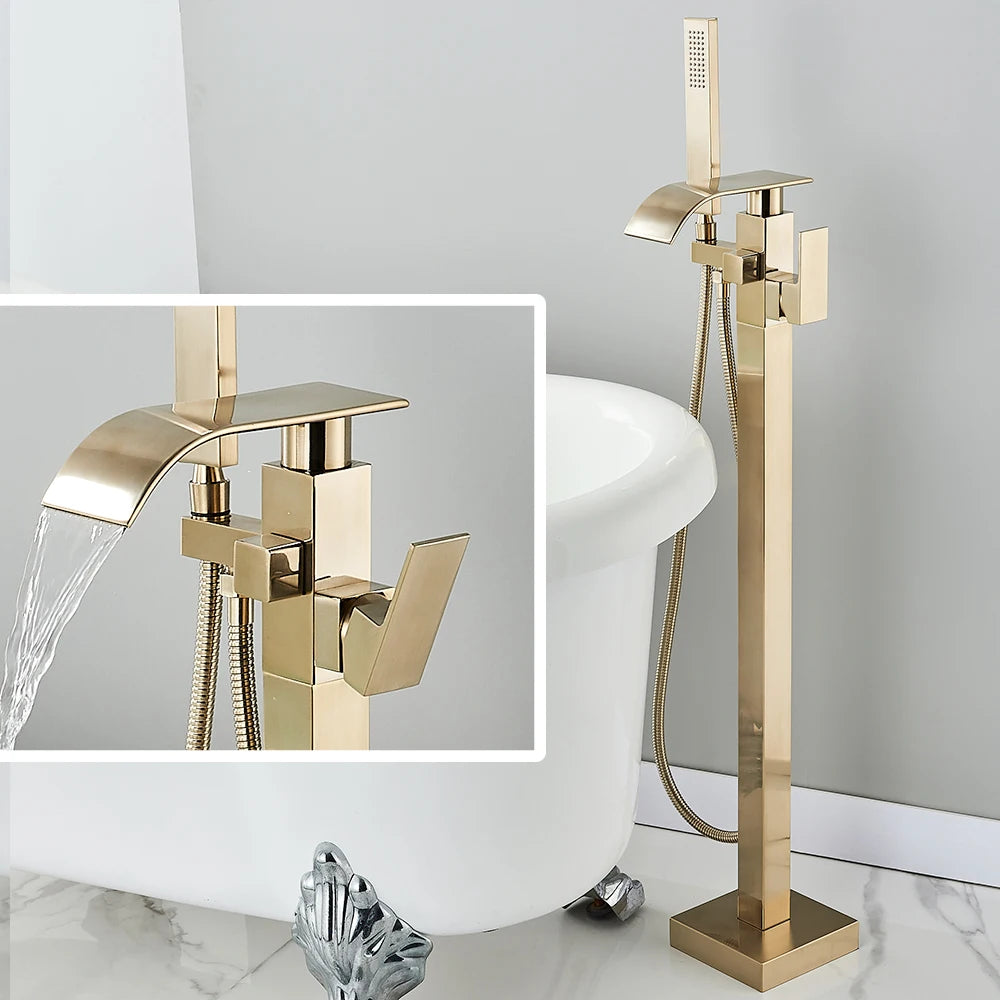 Quyanre Waterfall Brass Free Standing Tub Filler Faucet Hand Shower