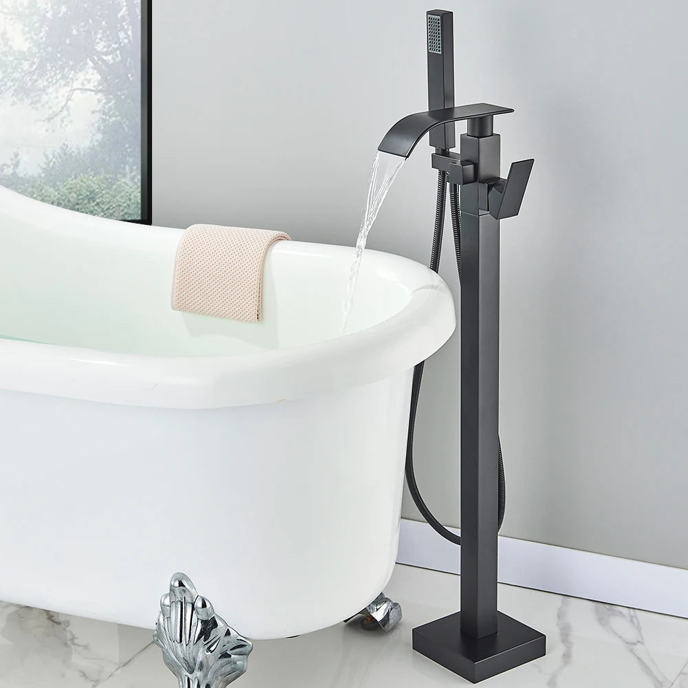 Quyanre Waterfall Brass Free Standing Tub Filler Faucet Hand Shower